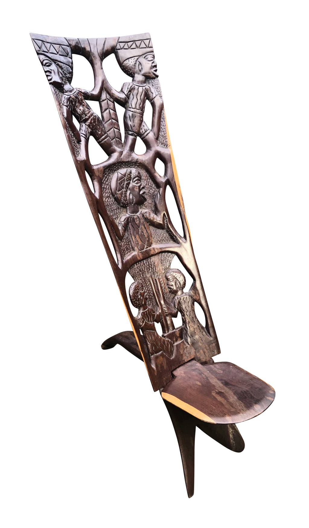 Vintage Traditional African Pierced Hardwood Palaver Chair, African "Birthing Chair"
