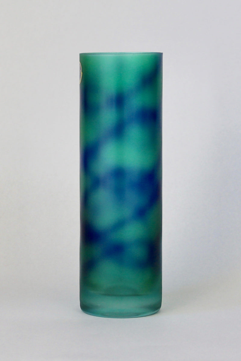 Czech Bohemian Matt Crystal Vase in Sea Green with Freeform Blue Spiral