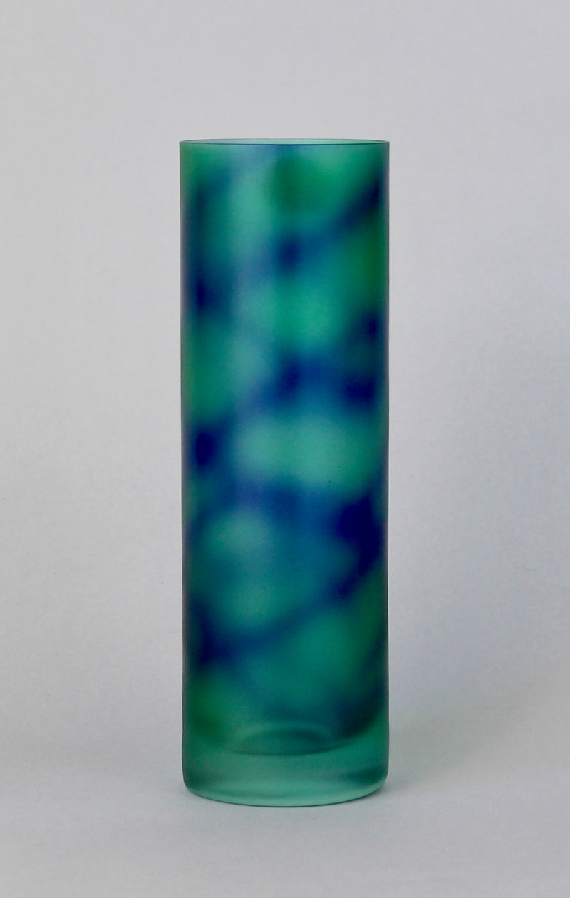 Czech Bohemian Matt Crystal Vase in Sea Green with Freeform Blue Spiral