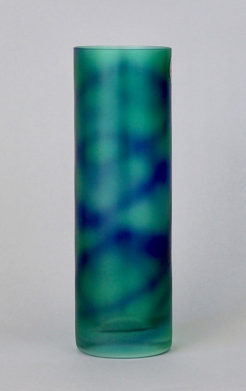 Czech Bohemian Matt Crystal Vase in Sea Green with Freeform Blue Spiral