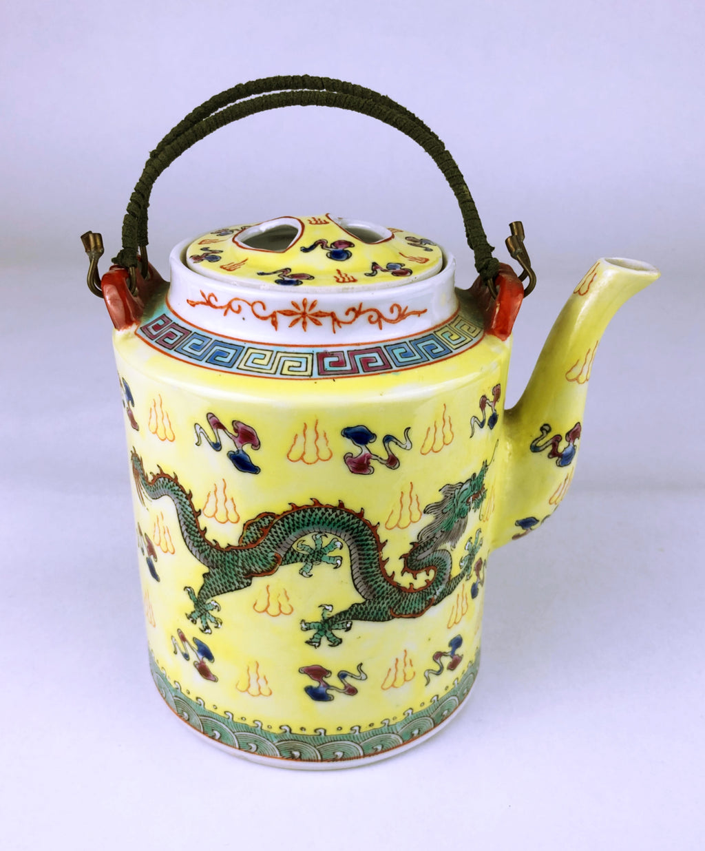 Chinese Porcelain Yellow Dragon Teapot circa 1975 with original rattan handle Zhongguo Zhi Zao Mark