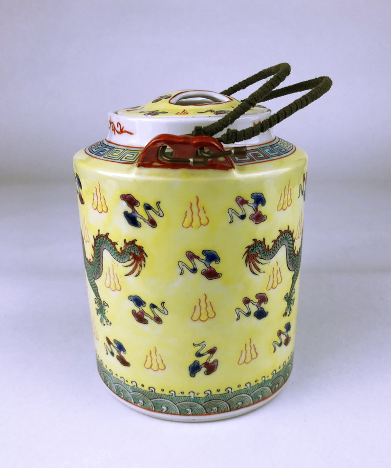 Chinese Porcelain Yellow Dragon Teapot circa 1975 with original rattan handle Zhongguo Zhi Zao Mark