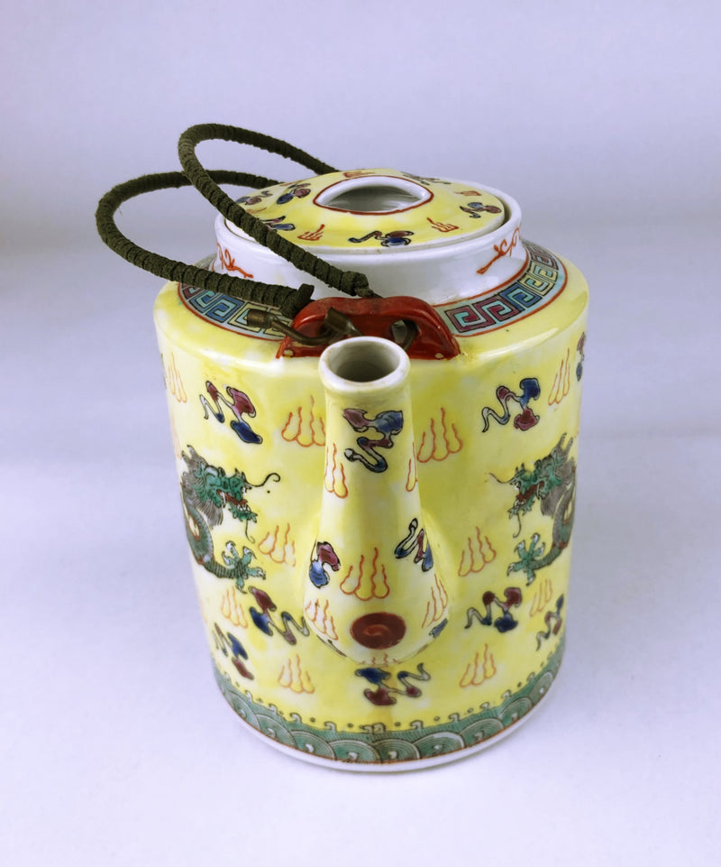 Chinese Porcelain Yellow Dragon Teapot circa 1975 with original rattan handle Zhongguo Zhi Zao Mark