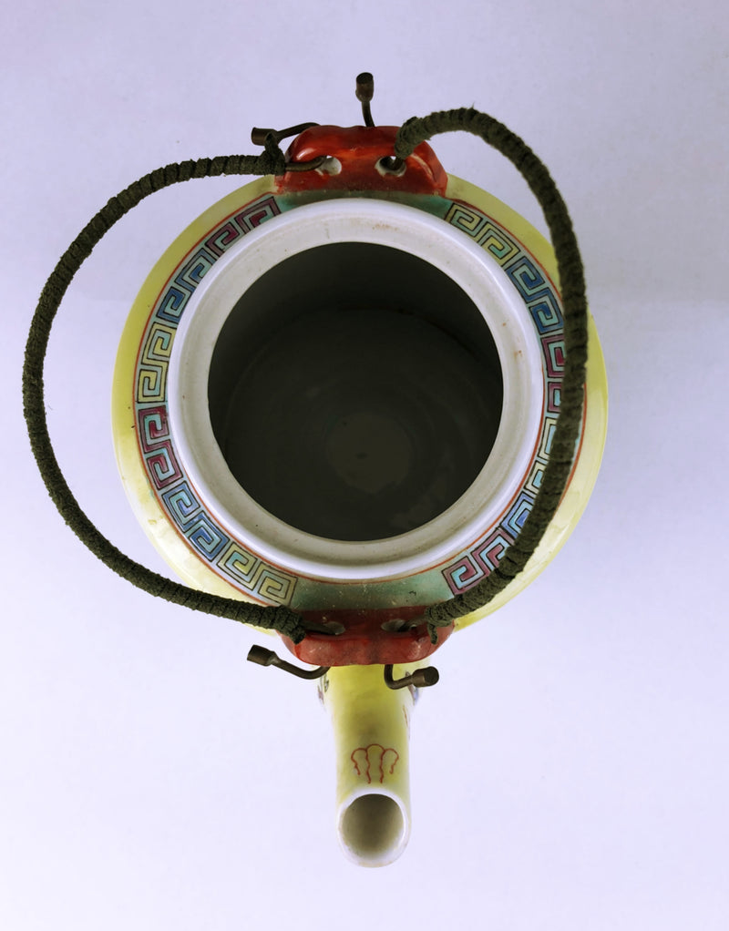 Chinese Porcelain Yellow Dragon Teapot circa 1975 with original rattan handle Zhongguo Zhi Zao Mark
