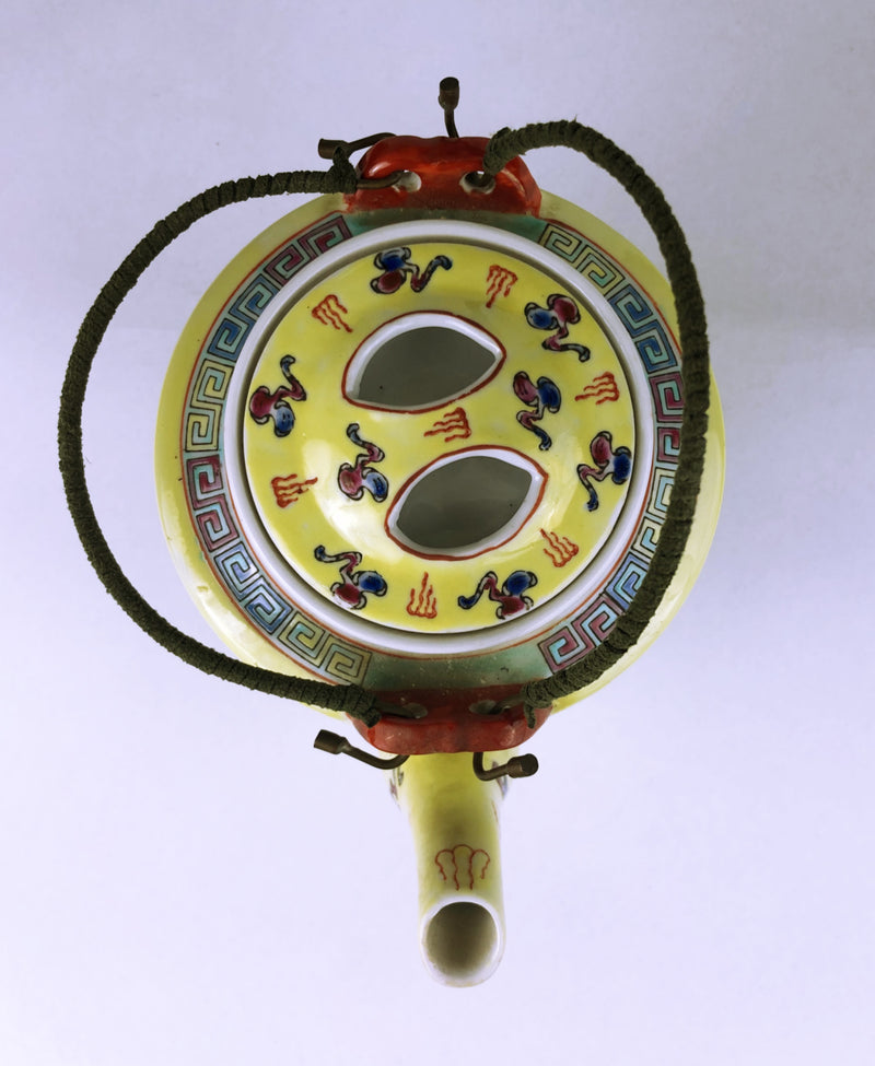 Chinese Porcelain Yellow Dragon Teapot circa 1975 with original rattan handle Zhongguo Zhi Zao Mark