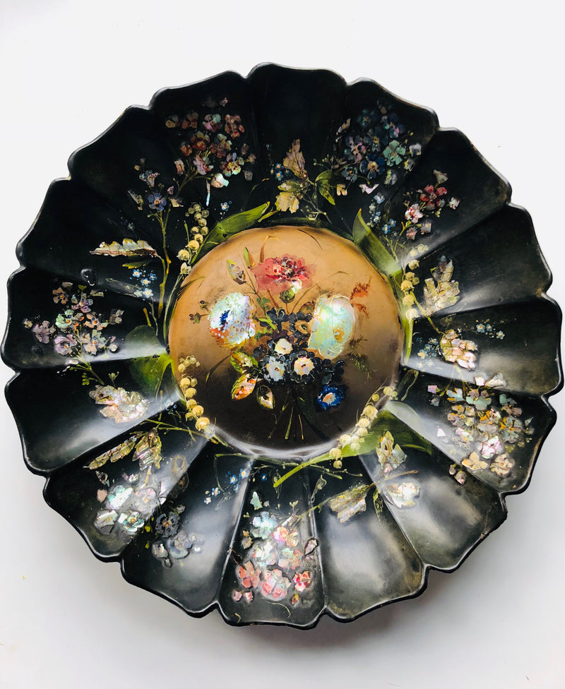 Antique Victorian Papier Mache, Hand Painted Scalloped Tray/Bowl inlaid with Mother of Pearl