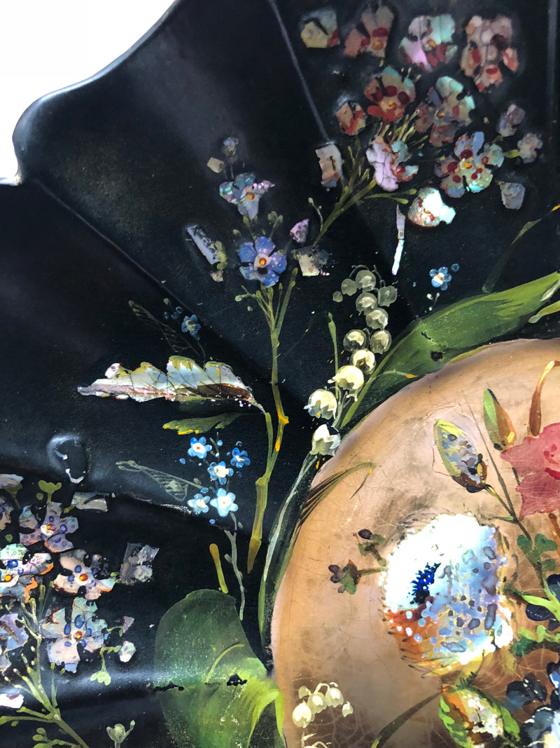 Antique Victorian Papier Mache, Hand Painted Scalloped Tray/Bowl inlaid with Mother of Pearl