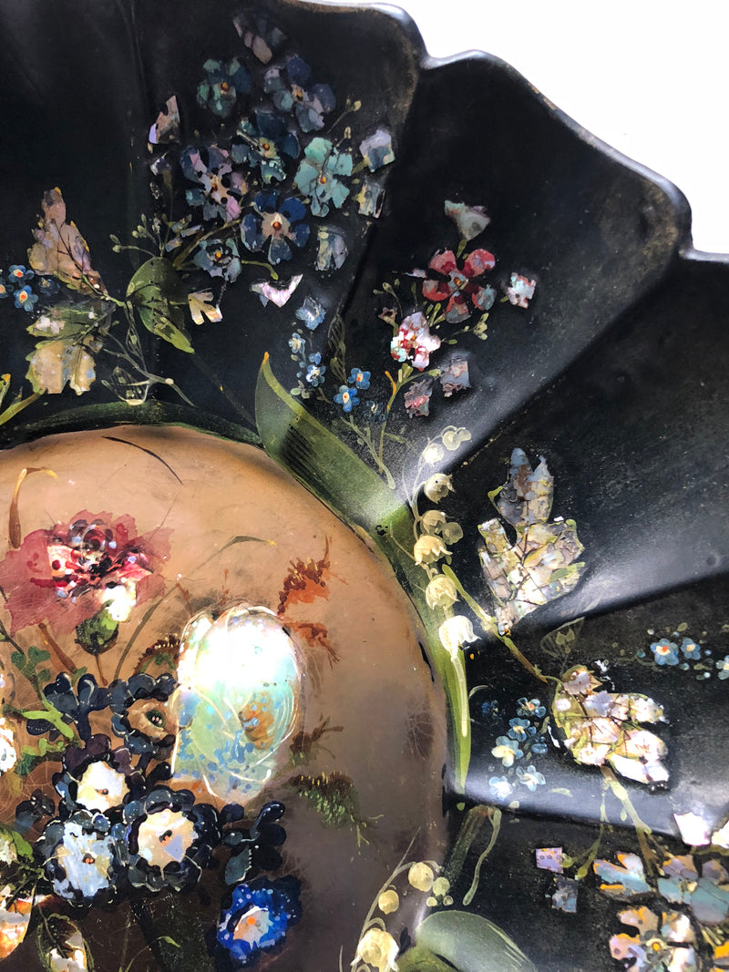 Antique Victorian Papier Mache, Hand Painted Scalloped Tray/Bowl inlaid with Mother of Pearl