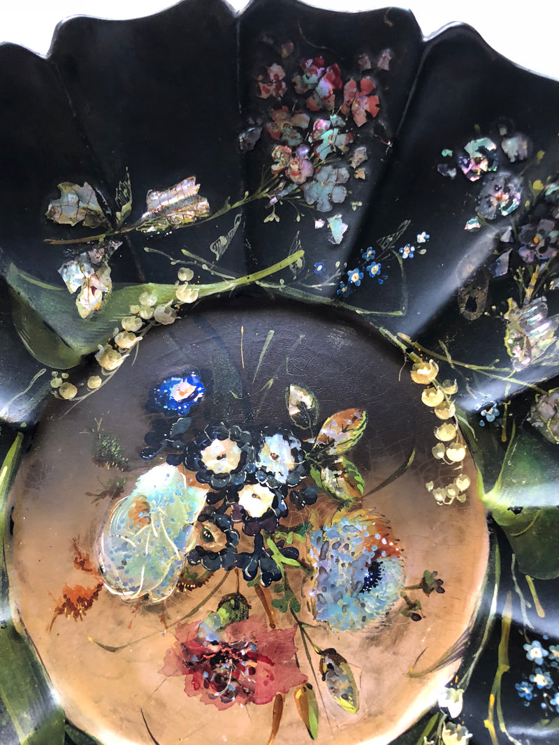 Antique Victorian Papier Mache, Hand Painted Scalloped Tray/Bowl inlaid with Mother of Pearl