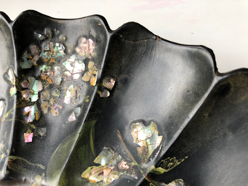 Antique Victorian Papier Mache, Hand Painted Scalloped Tray/Bowl inlaid with Mother of Pearl