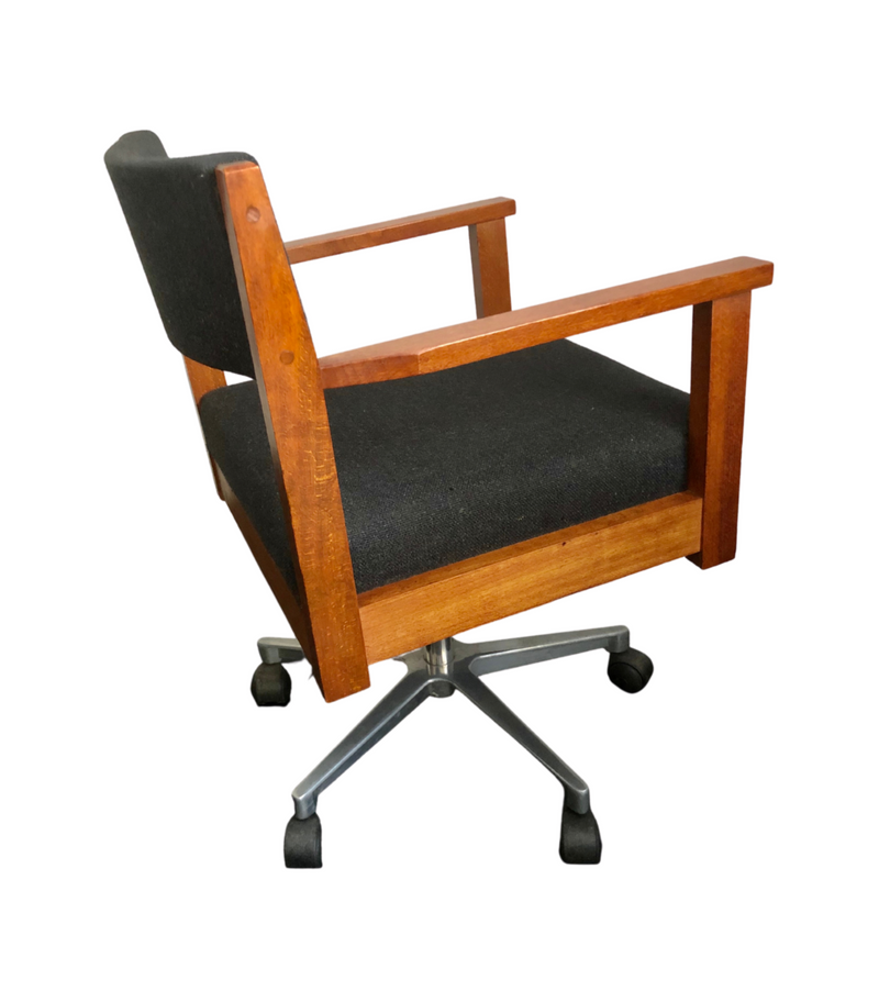 Mid Century Swivel Desk Chair, Teak and Black Wool, Aluminum Adjustable Base