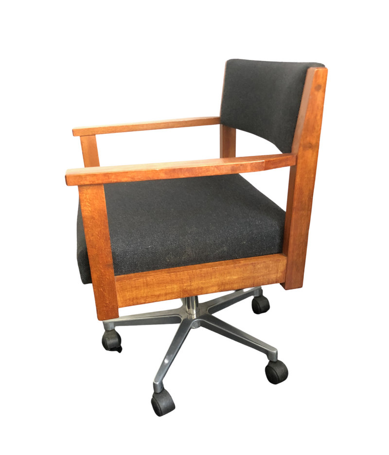 Mid Century Swivel Desk Chair, Teak and Black Wool, Aluminum Adjustable Base