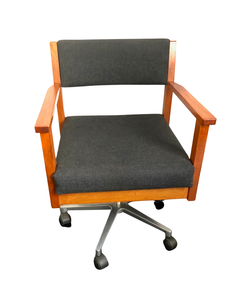 Mid Century Swivel Desk Chair, Teak and Black Wool, Aluminum Adjustable Base