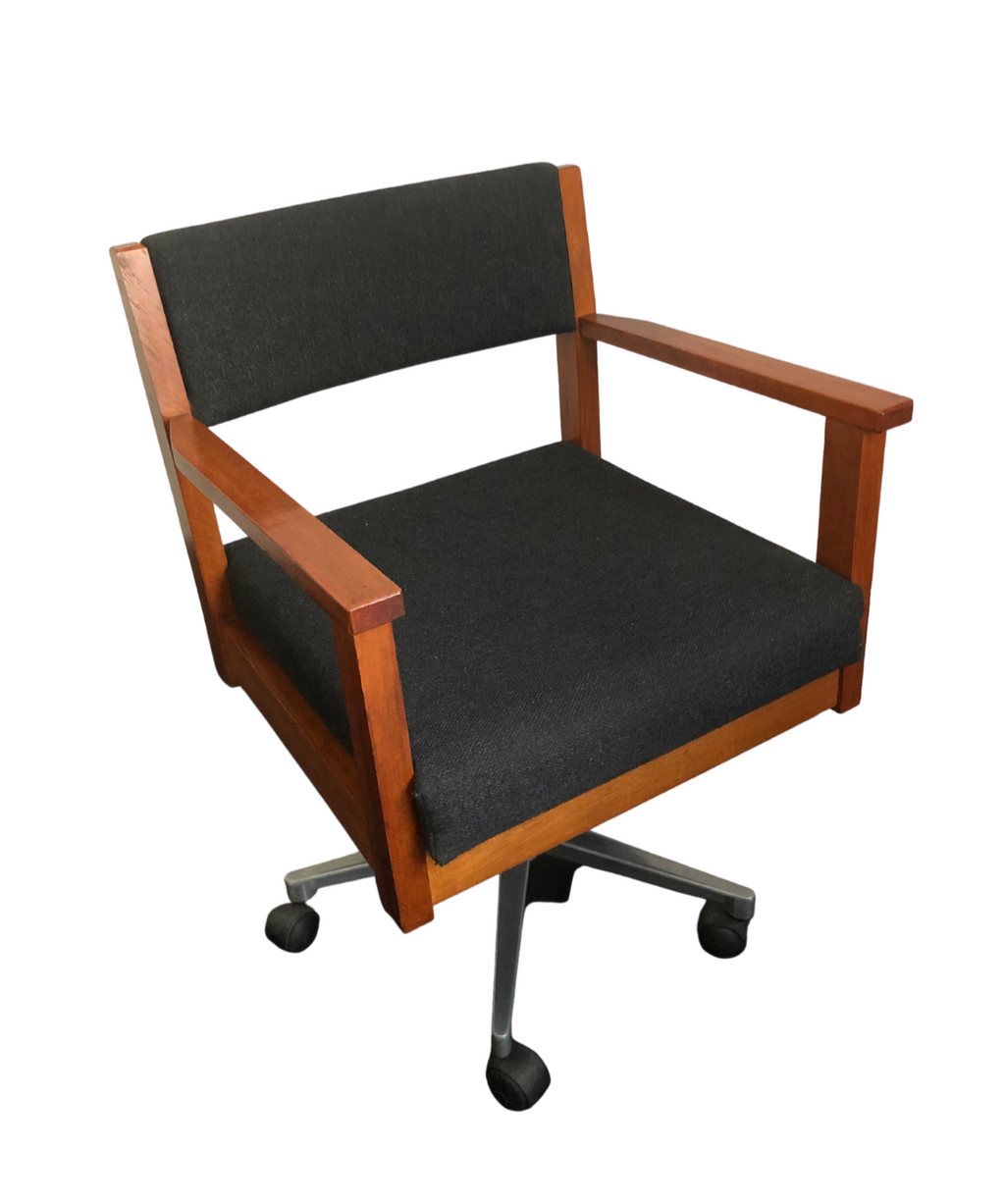 Mid Century Swivel Desk Chair, Teak and Black Wool, Aluminum Adjustable Base