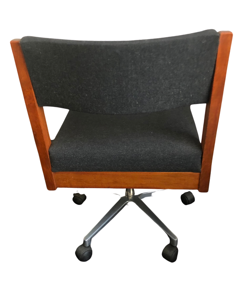 Mid Century Swivel Desk Chair, Teak and Black Wool, Aluminum Adjustable Base