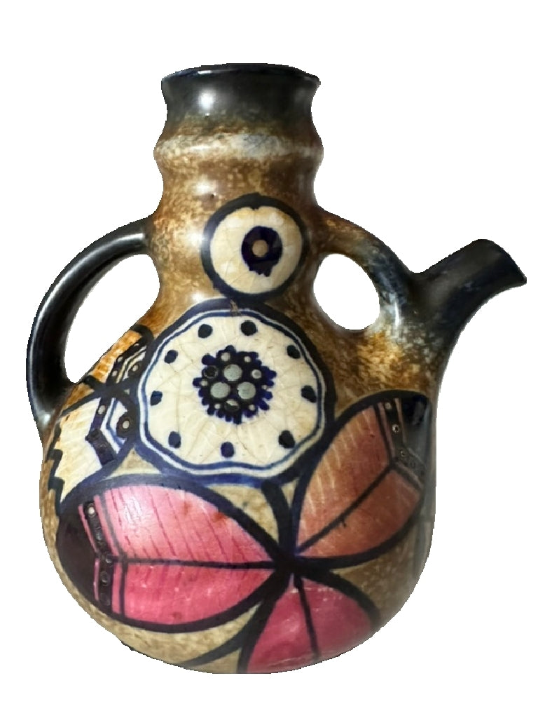 Vintage Italian Studio Pottery Jug – Hand-Painted & Incised Floral Design, Multi-Matte Glaze, 1950s–70s | Mid-Century Modern | Worldwide Shipping