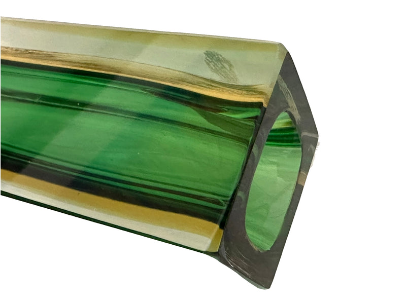 Flavio Poli Green & Yellow Murano Sommerso Block Vase, Seguso Vetri D'Arte part label, 1950s