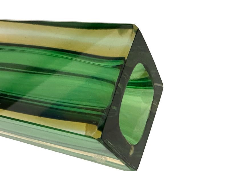 Flavio Poli Green & Yellow Murano Sommerso Block Vase, Seguso Vetri D'Arte part label, 1950s