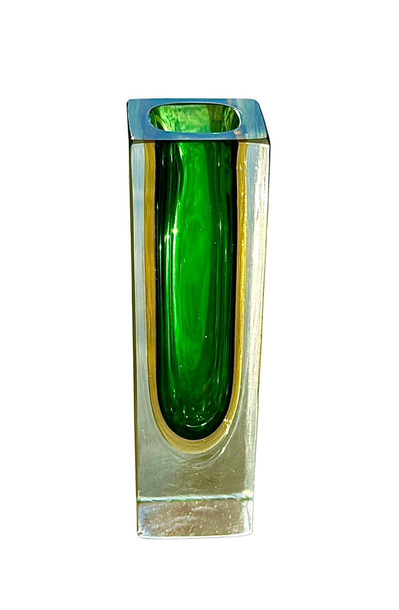 Flavio Poli Green & Yellow Murano Sommerso Block Vase,Seguso Vetri D'Arte part label, 1950s ,1960s ,  Seguso Vetri D'Arte part label