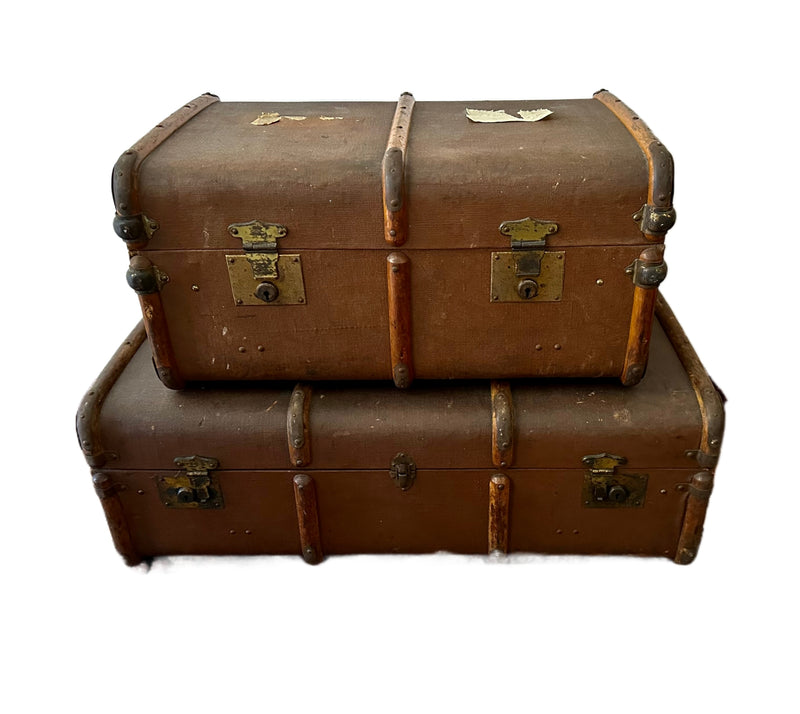 Antique Bentwood Canvas Steamer Trunks with Leather Handles