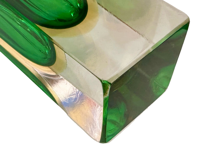 Flavio Poli Green & Yellow Murano Sommerso Block Vase, Seguso Vetri D'Arte part label, 1950s