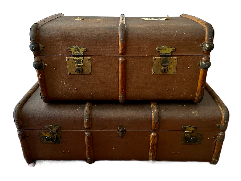 Antique Bentwood Canvas Steamer Trunks with Leather Handles