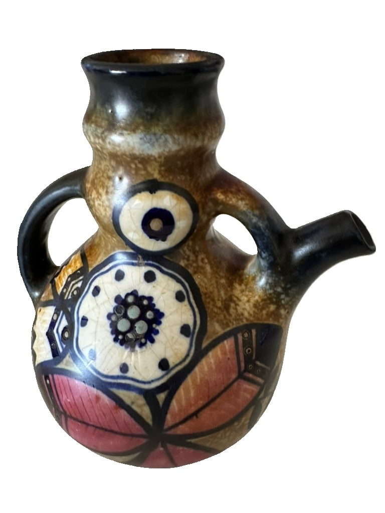 Vintage Italian Studio Pottery Jug – Hand-Painted & Incised Floral Design, Multi-Matte Glaze, 1950s–70s | Mid-Century Modern | Worldwide Shipping