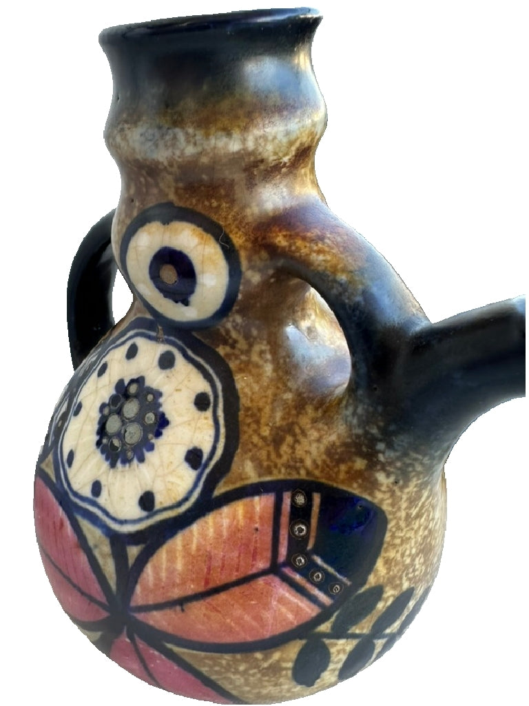 Vintage Italian Studio Pottery Jug – Hand-Painted & Incised Floral Design, Multi-Matte Glaze, 1950s–70s | Mid-Century Modern | Worldwide Shipping