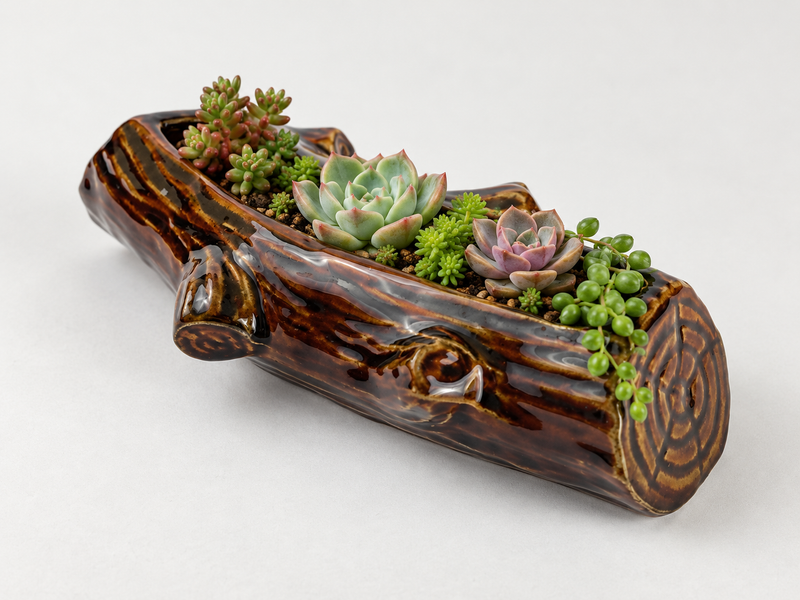 AI-generated styling image of Dartmouth Pottery log planter filled with miniature succulents; plants not included.