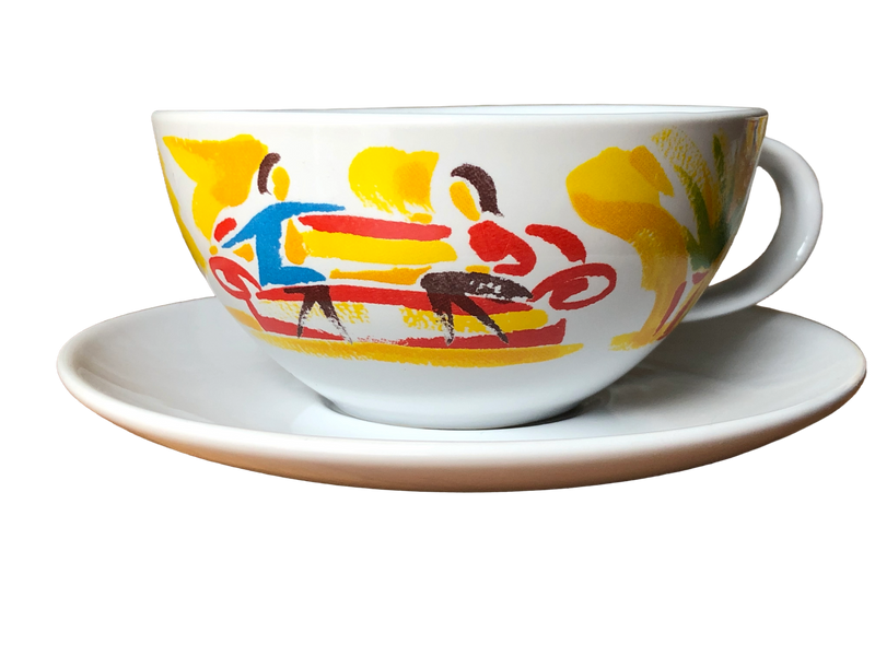 Photo of a single cup showing the red and blue café scene: Vintage Nescafé advertising coffee cup and saucer with red and blue café scene decoration, UK, c.1988–92