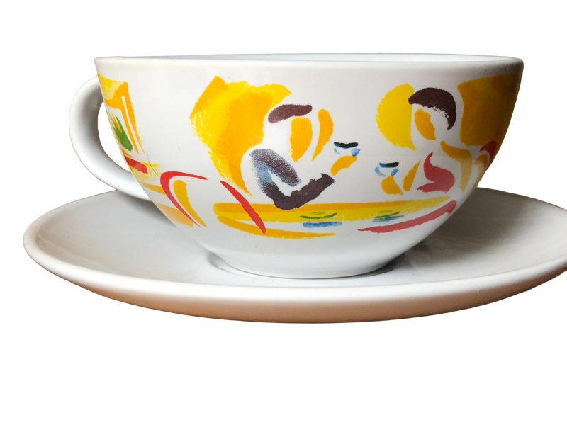 Photo of a single cup showing figures at a café table: Vintage Nescafé promotional cup and saucer decorated with figures seated at a café table, Hornsea Pottery, c.1988–92

