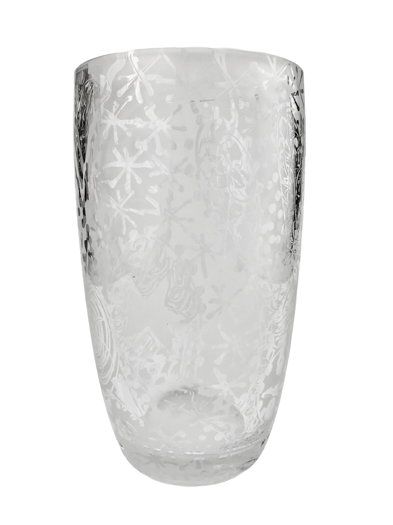Clear crystal vase with freehand etched spirals, dots and sweeping abstract lines, tapering towards a thick rounded base.