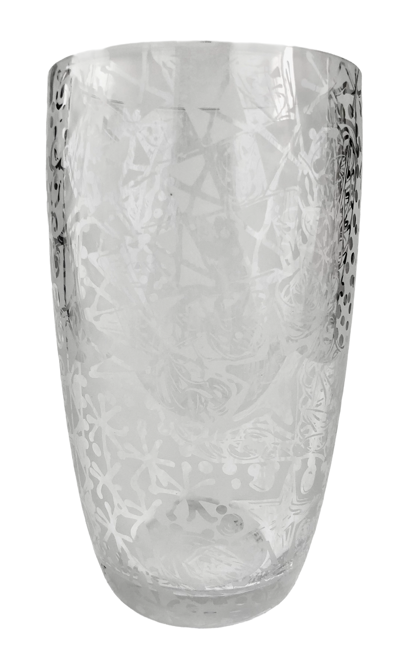 Clear crystal vase with freehand etched spirals, dots and sweeping abstract lines, tapering towards a thick rounded base.