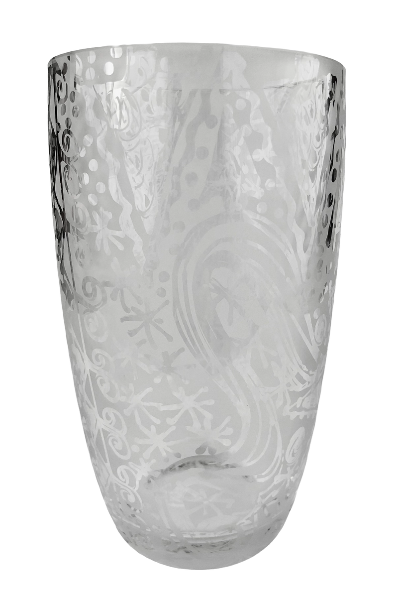 Clear crystal vase with freehand etched spirals, dots and sweeping abstract lines, tapering towards a thick rounded base.