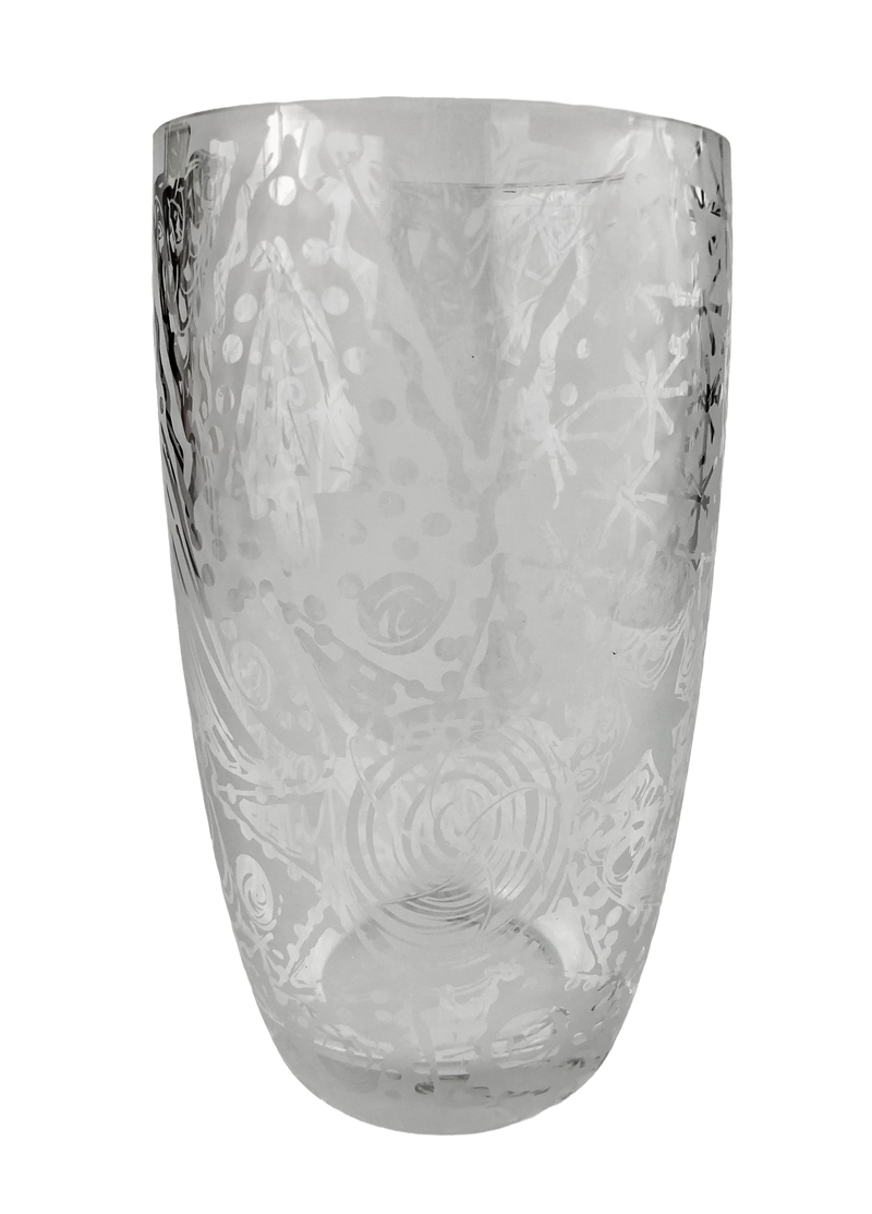 Clear crystal vase with freehand etched spirals, dots and sweeping abstract lines, tapering towards a thick rounded base.