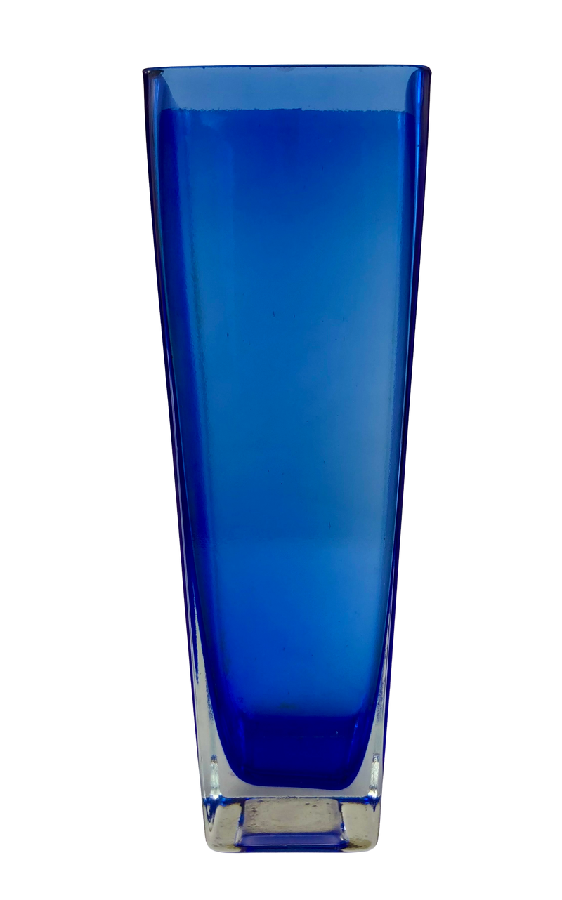Finnish cobalt blue cased glass vase showing its tall geometric profile and rounded inner blue glass.