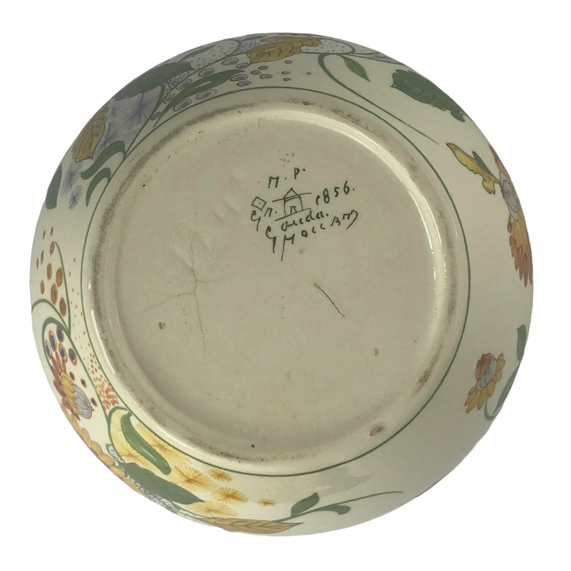 Underside of the Gouda cachepot showing the painted Lazarus Gate factory mark, N.P. initials, shape number 1856 and diamond date mark.