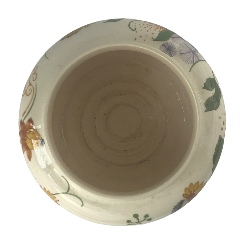 Top view of the Gouda cachepot showing its circular opening, cream-glazed interior and hand-painted floral decoration around the shoulder.