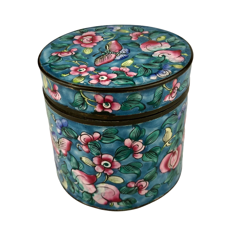 Alternate view of Chinese Canton enamel jar showing pink floral and fruit motifs, green leaves and dark copper rims.
