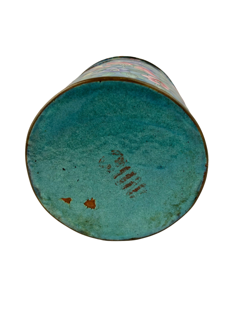 Turquoise enamel base of Chinese Canton jar showing a worn red CHINA export mark and two small areas of enamel loss.