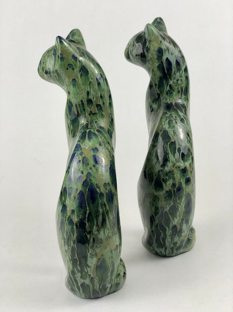 Pair of Art Deco Drip-Glaze Ceramic Cats — European Studio Pottery, c.1930s
