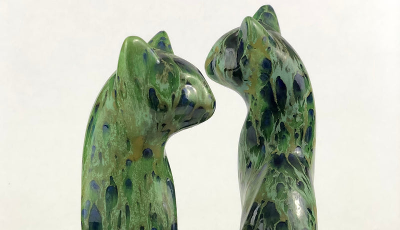 Pair of Art Deco Drip-Glaze Ceramic Cats — European Studio Pottery, c.1930s