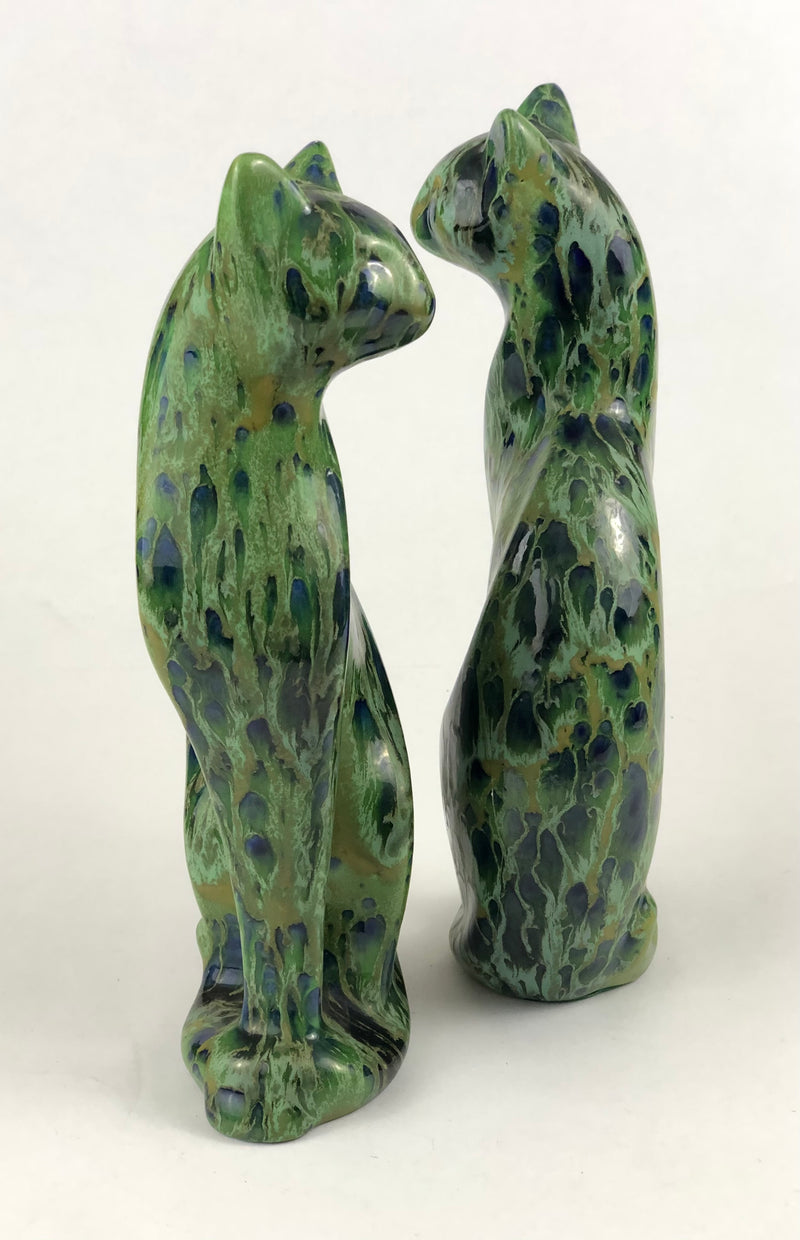 Pair of Art Deco Drip-Glaze Ceramic Cats — European Studio Pottery, c.1930s
