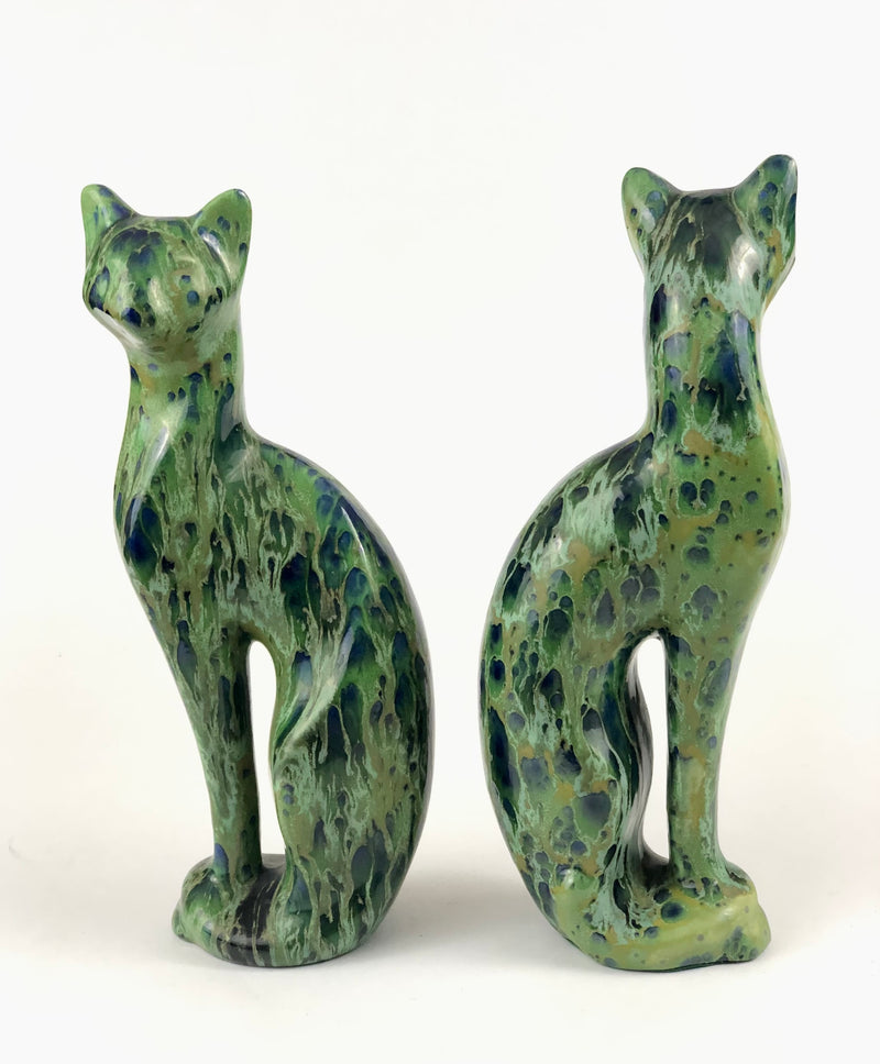 Pair of Art Deco Drip-Glaze Ceramic Cats — European Studio Pottery, c.1930s
