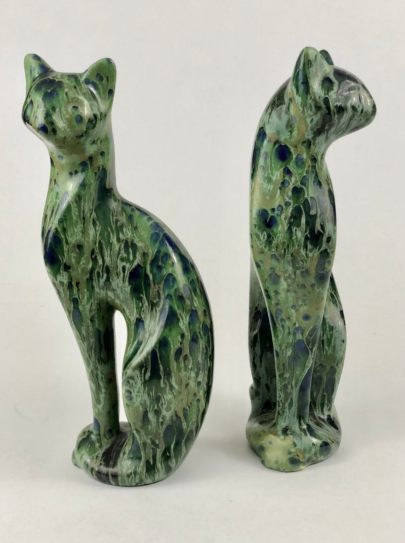 Pair of Art Deco Drip-Glaze Ceramic Cats — European Studio Pottery, c.1930s

