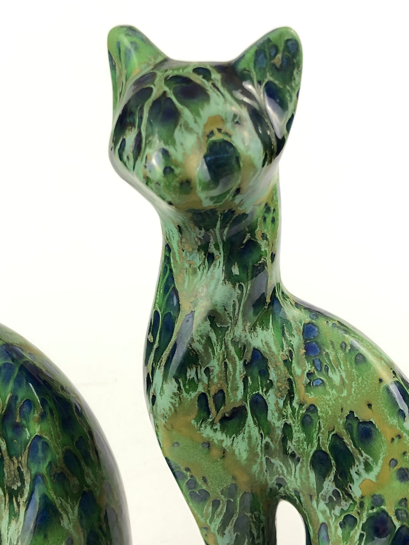 Pair of Art Deco Drip-Glaze Ceramic Cats — European Studio Pottery, c.1930s
