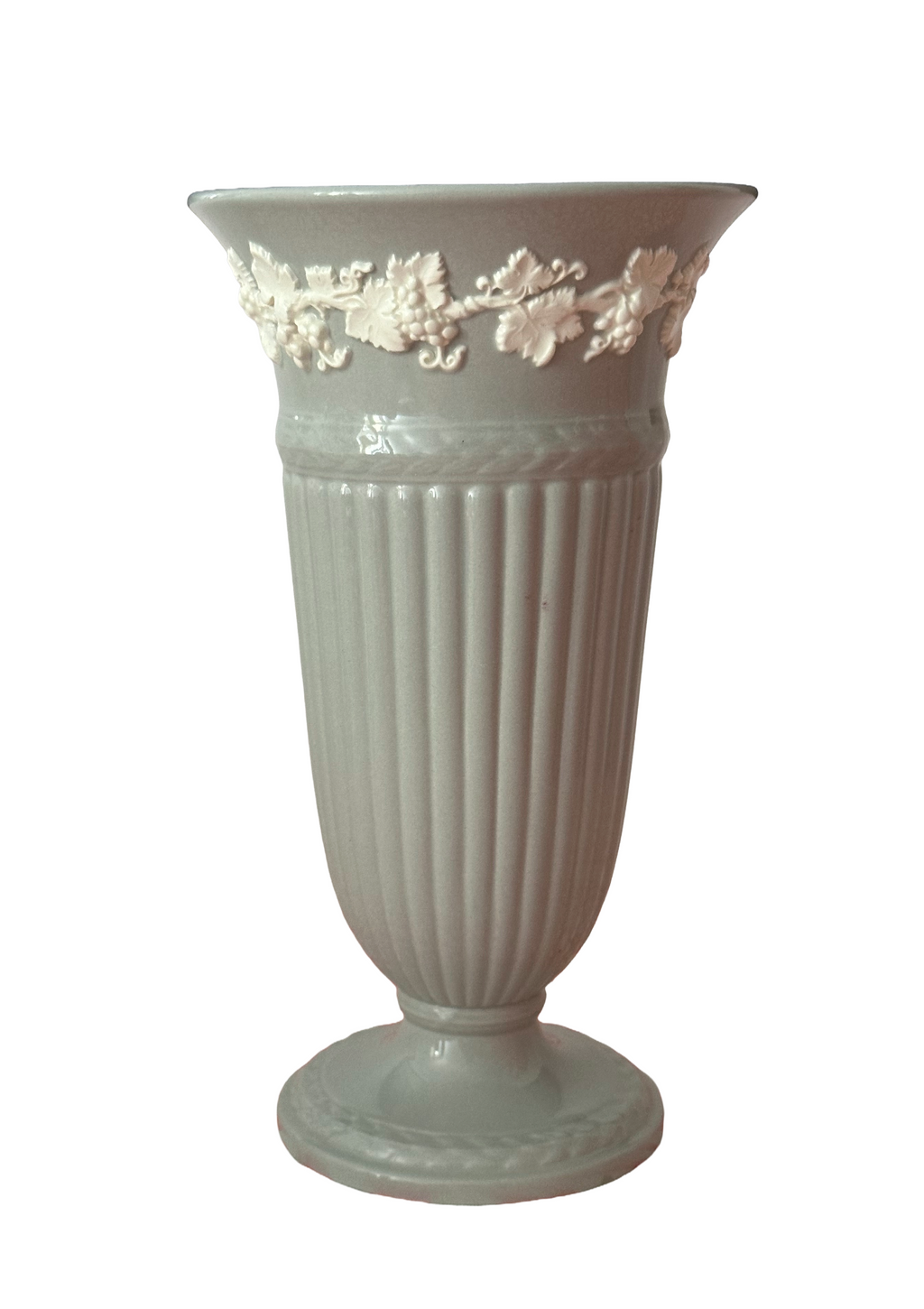  1955 Wedgwood Embossed Queen's Ware trumpet vase in Windsor Grey with cream grapevine border, full front view 1955 Wedgwood Embossed Queen's Ware trumpet vase in Windsor Grey with cream grapevine border, full front view