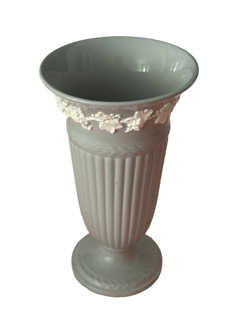 1955 Wedgwood Queen's Ware trumpet vase in Windsor Grey showing fluted body and footed base, view from above