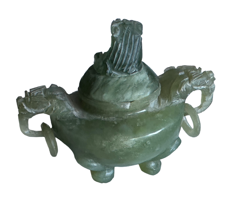 Rear three-quarter view of Chinese green jadeite censer, showing the carved finial, ring handles and rounded feet.