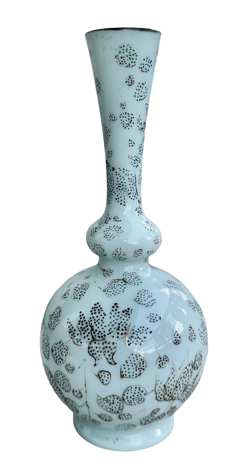 Full-length view of the celadon opaline glass soliflore showing dotted flowers and leaves above a circular foot.